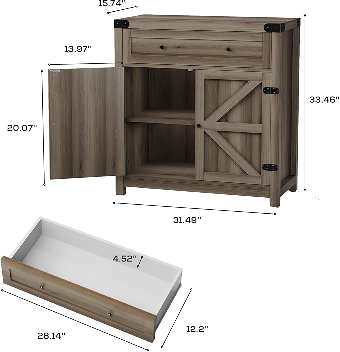 JUMMICO Coffee Bar Cabinet Farmhouse Kitchen Sideboard Buffet Cabinet with Drawer and Adjustable Shelf Barn Door Storage Cabinet for Kitchen, Dining Room, Bathroom, Entryway (Rustic Oak)