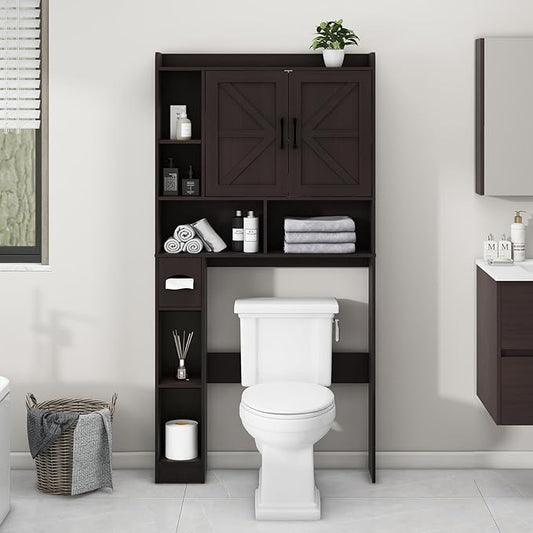 Over The Toilet Storage Cabinet, Farmhouse Storage Cabinet Over Toilet with 2 Barn Door & Toilet Paper Holder Stand，Home Space-Saving Toilet Rack, for Bathroom, Restroom, Laundry