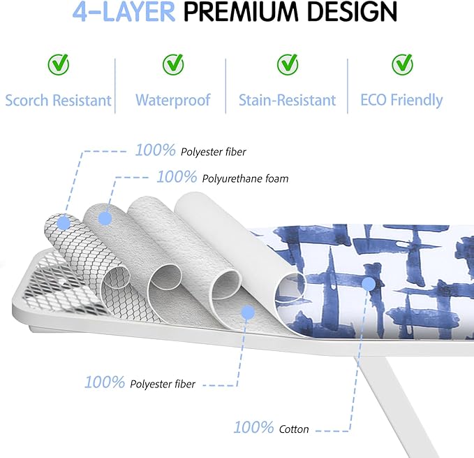 Ironing Board Cover and pad - 15 x 54 Thick Padding 4 Layers with 2" Elastic, Stain Resistant & Durable Scorch, 2 Click Buckles for Smooth Iron/Easy Installation in Laundry Room, Blue Brushstrokes
