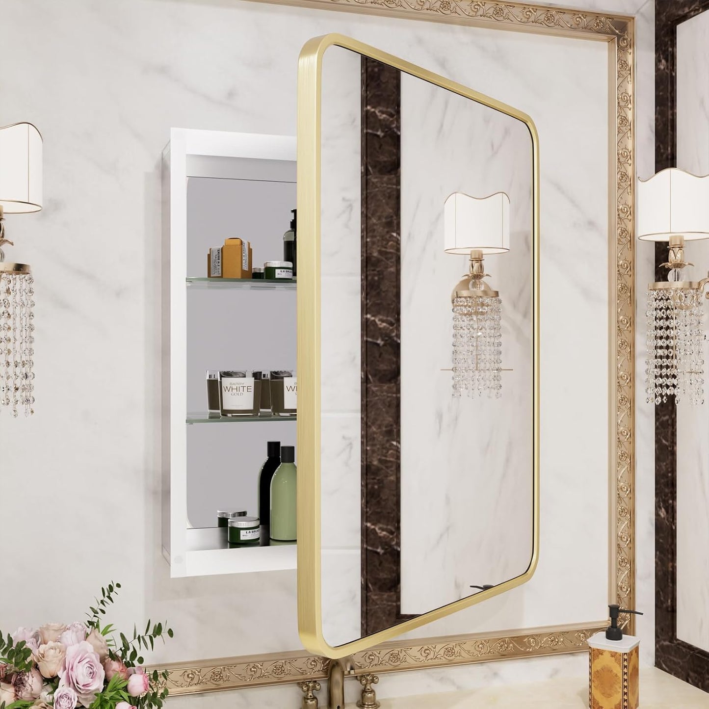 HOMECOOKIN Farmhouse Gold Metal Framed Recessed Bathroom Medicine Cabinet with Beveled Mirror Rounded Rectangle Bathroom Medicine Cabinet 22x28 inch