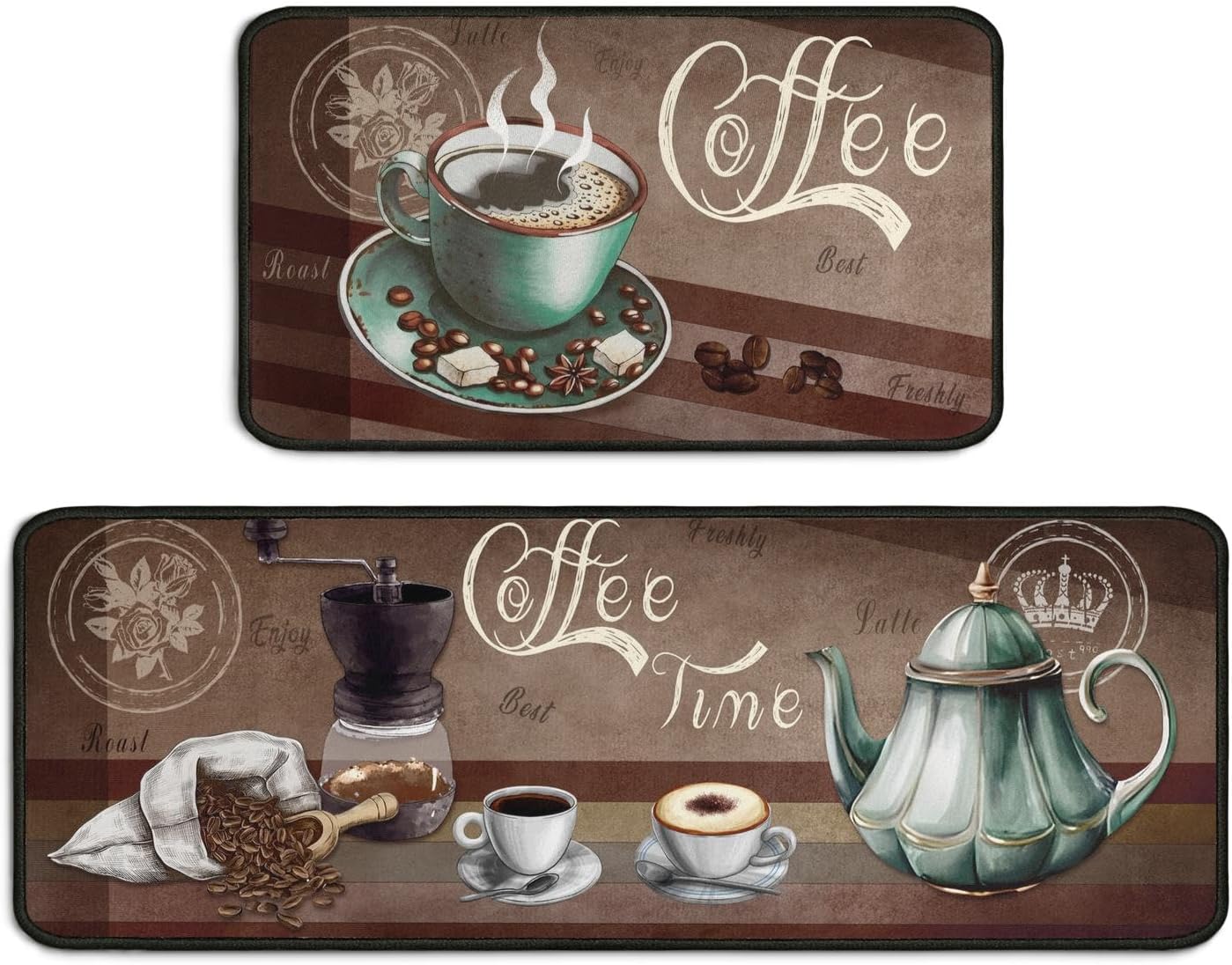 2 Piece Coffee Kitchen Decor Rugs Set, Farmhouse Country Kitchen Rugs and Mats Non Skid Washable Absorbent Microfiber Kitchen Accessories Decoration Floor Mats 17"x47"+17"x30"