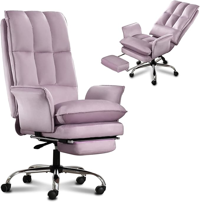 Office Chair, Modern Home Office Desk Chairs with Wheels and Retractable Footrest, Adjustable Backrest Velvet High Back Office Chair, Computer Chairs for Bedroom (Light Purple)