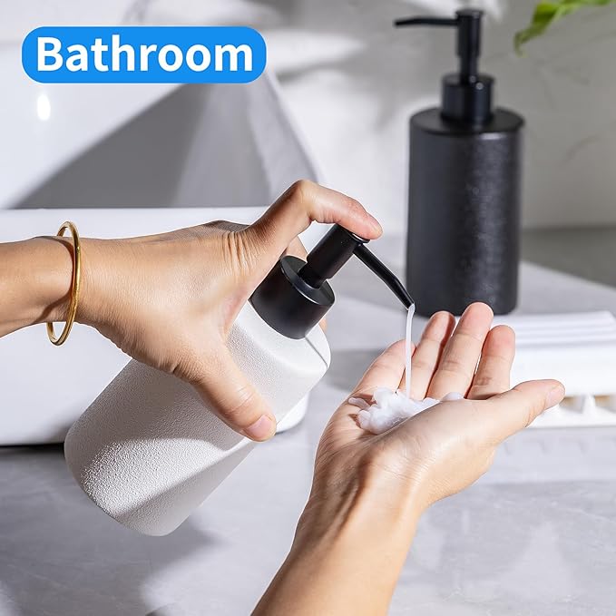TANEW 2-Pack Black & White Ceramic Hand Soap Dispenser Set 12oz Refillable for Essential Oil, Dish Soap or Lotion - Countertop Soap Dispensers for Bathroom, Sink, Kitchen