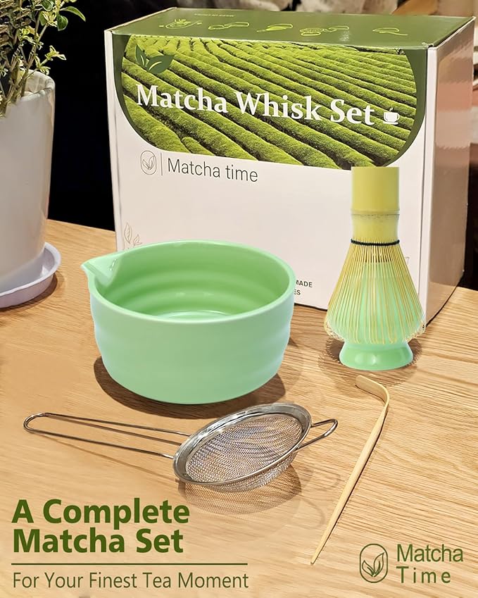 Matcha Whisk Set with Matcha Bowl, Matcha Whisk Holder Matcha Bamboo Whisk, Scoop, Sifter, Unique Gifts for Women Men Girl Friend Home Kitchen Decor（Light Green）