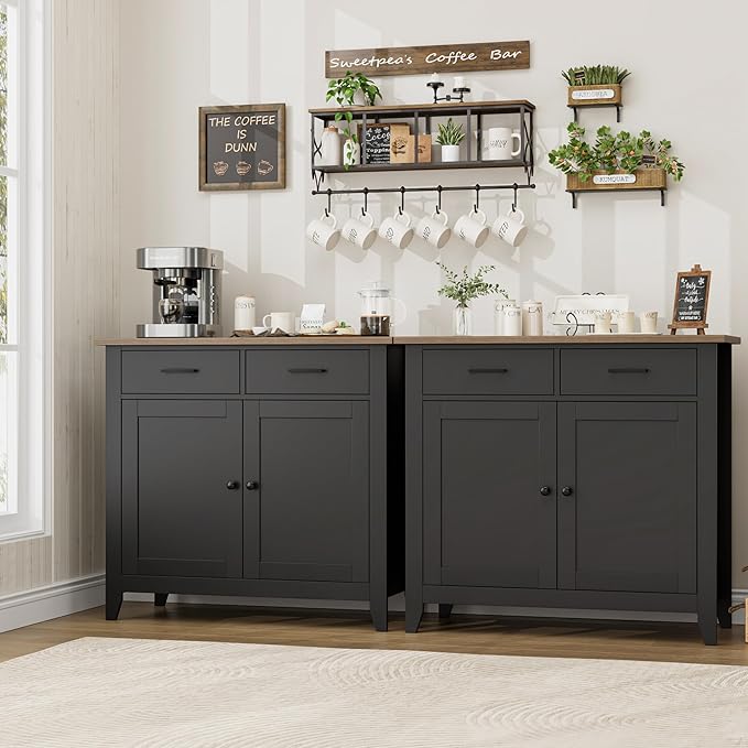 HORSTORS Kitchen Storage Cabinet, Modern Farmhouse Buffet Cabinet with Storage, Coffee Bar with 2 Drawers and 2 Doors, Floor Sideboard Buffet for Living Room, Dining Room, Bathroom, Black/Rustic Brown