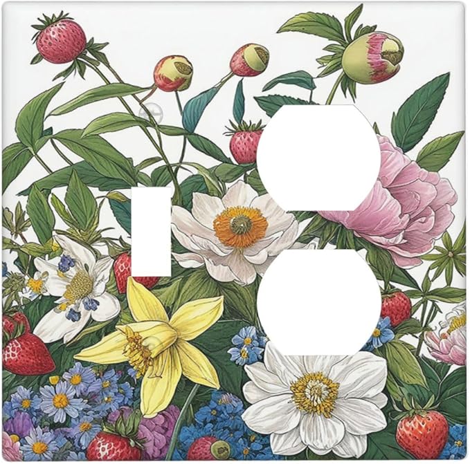 Spring Watercolor Flower Plant Strawberry Peony Floral Wallplates 1 Toggle 1 Duplex Electrical GFCI Faceplate Decorative Light Switch Covers Switch Plate for Bedroom living Room Decor