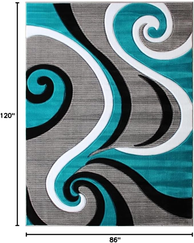 Masada Rugs, Sophia Collection Hand Carved Area Rug Modern Contemporary Turquoise White Grey Black (8 Feet X 10 Feet)