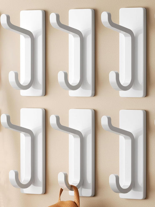 Self Adhesive Wall Hooks for Hanging: Extra Strong 13 LB, Hook for Coat, Towel in Bathrooms, Shower, Kitchen, Wall, Door Hook, White 6 Pack