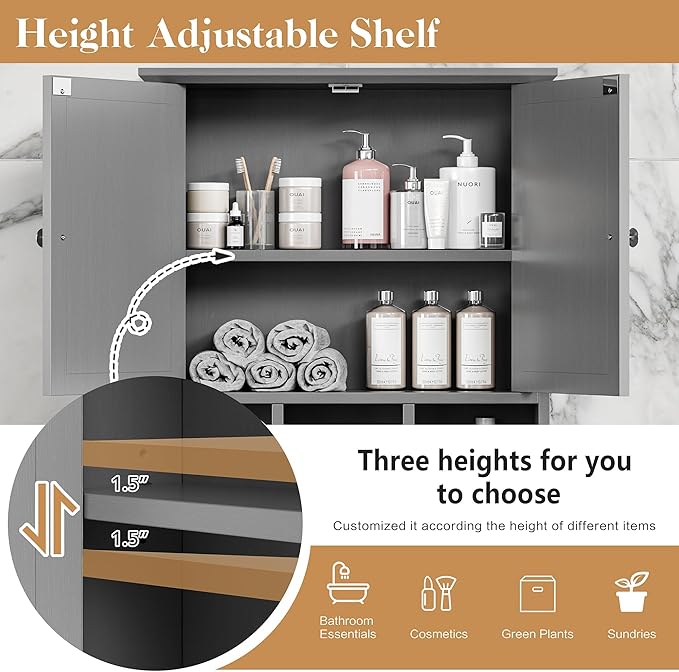 Meilocar Bathroom Wall Cabinet, Bathroom Cabinet Wall Mount with 2 Doors and 3 Open Shelves, Over The Toilet Wood Medicine Cabinets for Laundry Room, Grey