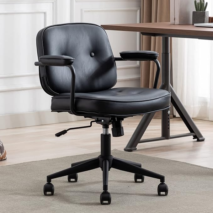 LukeAlon Adjustable Pu Leather Office Chair, Comfy 360° Swivel Task Chair with Armrest Modern Thickened Seat Desk Chair Tiltable Computer Chair with Button Tufted for Home Office, Black