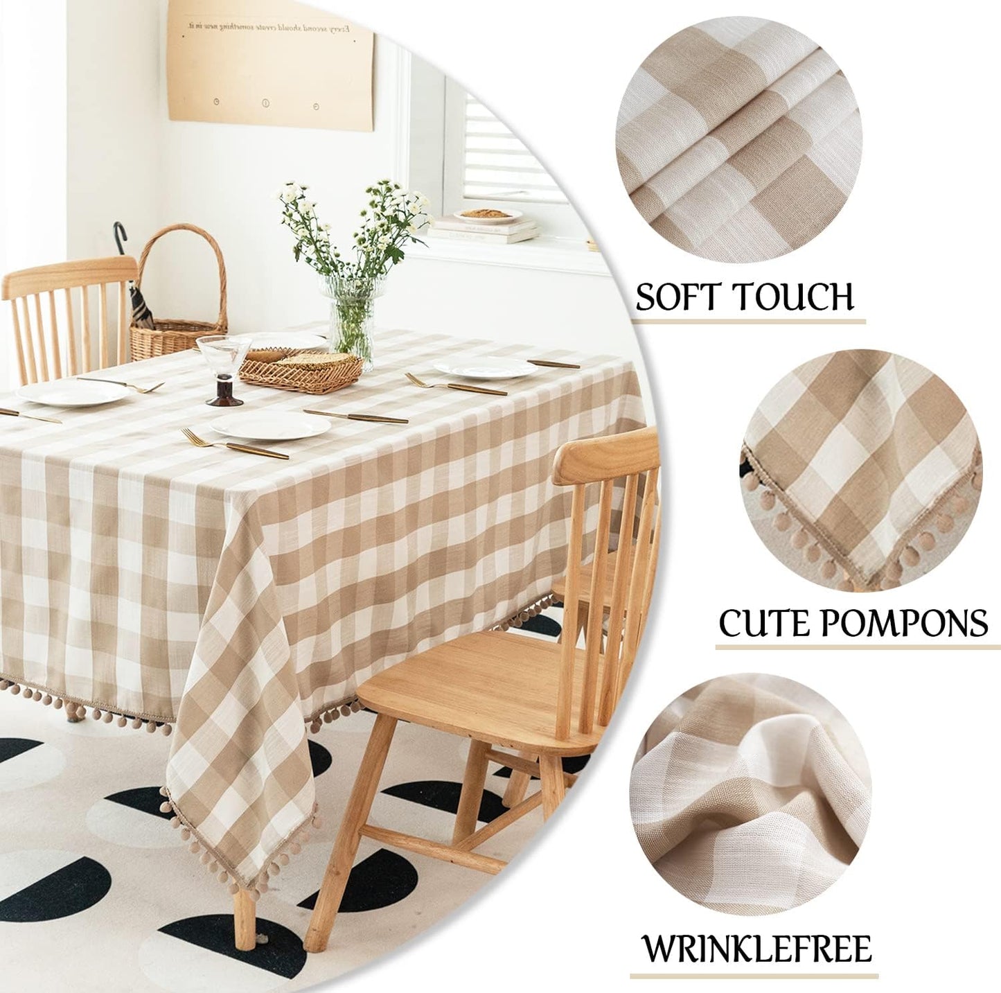 Jubilantex Farmhouse Pompom Checkered Rectangle Linen Tablecloth Buffalo Plaid Table Cover with Tassel for Kitchen Restaurant Home Decor, 60 x 120 inch Oblong Table Cover, Beige and White