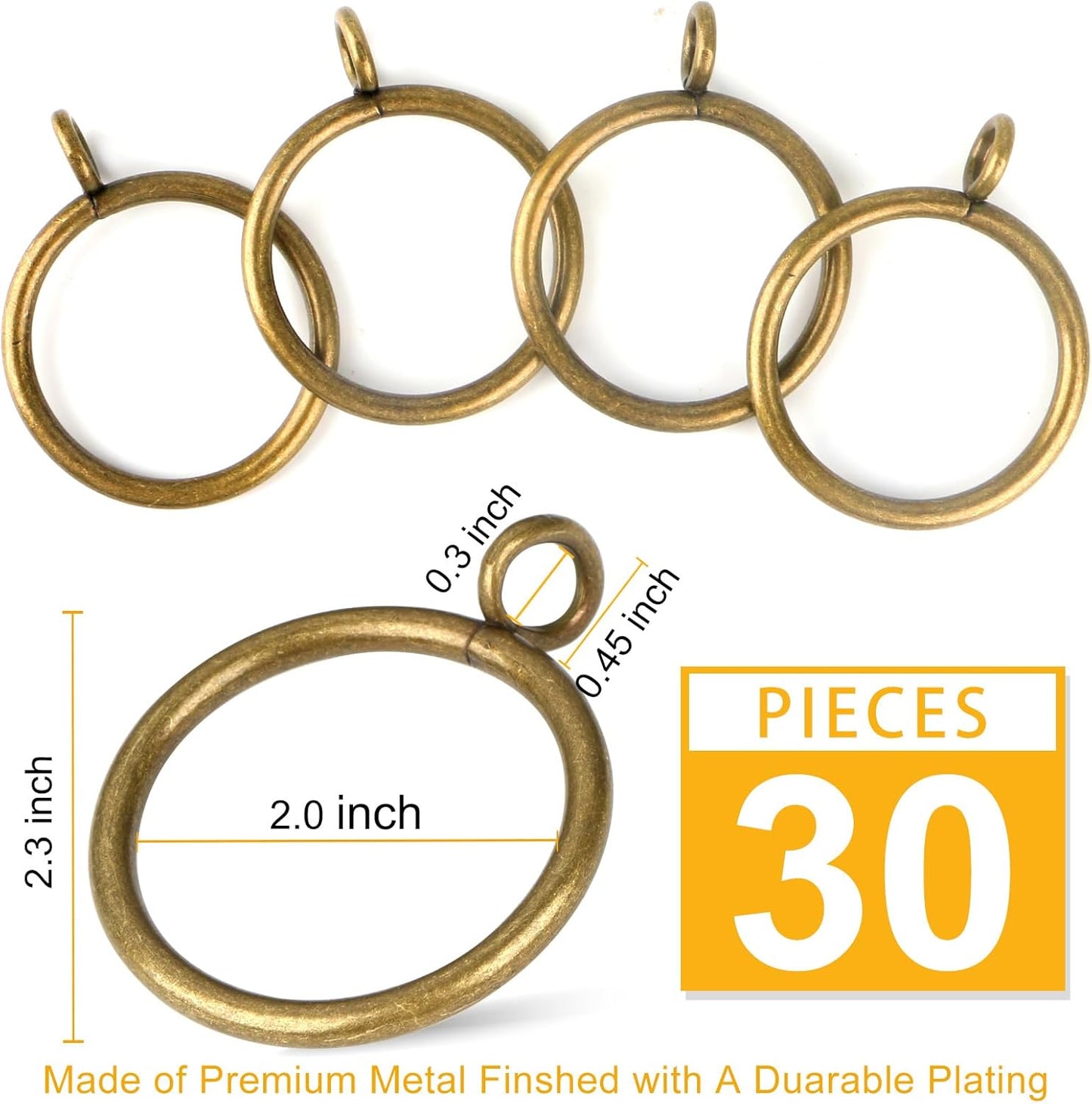 Antique Brass Curtain Rings with Eyelets for Up to 1.75-Inch Curtain Rods (Set of 30 PCS Curtain Rings) (2 inch Inner Diameter)