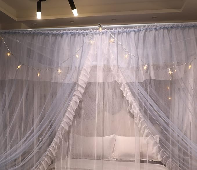 VETHIN 4 Corners Post Ruffle Princess Bed Canopy Curtain-Double Layer Cozy Drape Netting 4 Opening Mosquito Net for Girls Adults Bedroom Decoration (Gray/White,78" W*86" L*82"*H/King)