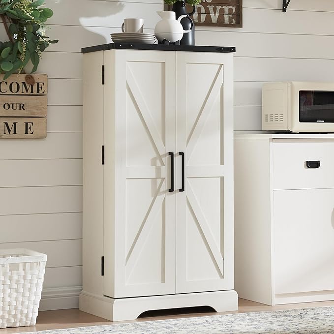 47" Kitchen Pantry, Farmhouse Storage Cabinet with Barn Doors, Organizer and Adjustable Shelves, Rustic Wood Cupboard for Kitchen, Dining Room, Bathroom and Hallway, Off White