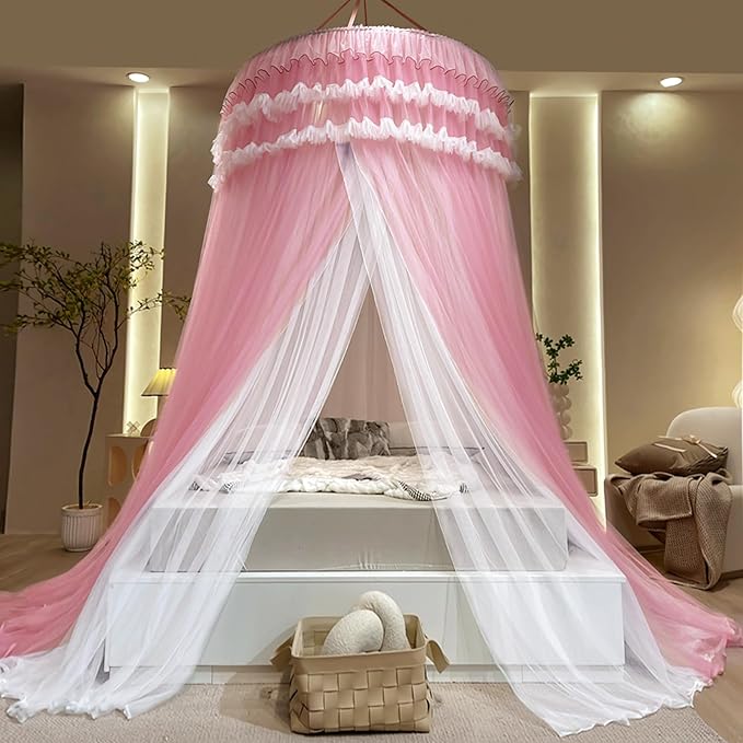 Kertnic Dreamy Bed Canopy for Girls, Princess Canopy Curtains Double Layer Sheer Mesh, Kids & Adults Canopies Netting Room Decor Tent Mosquito Net for Queen King Bed (Double Layer-Peach Pink)