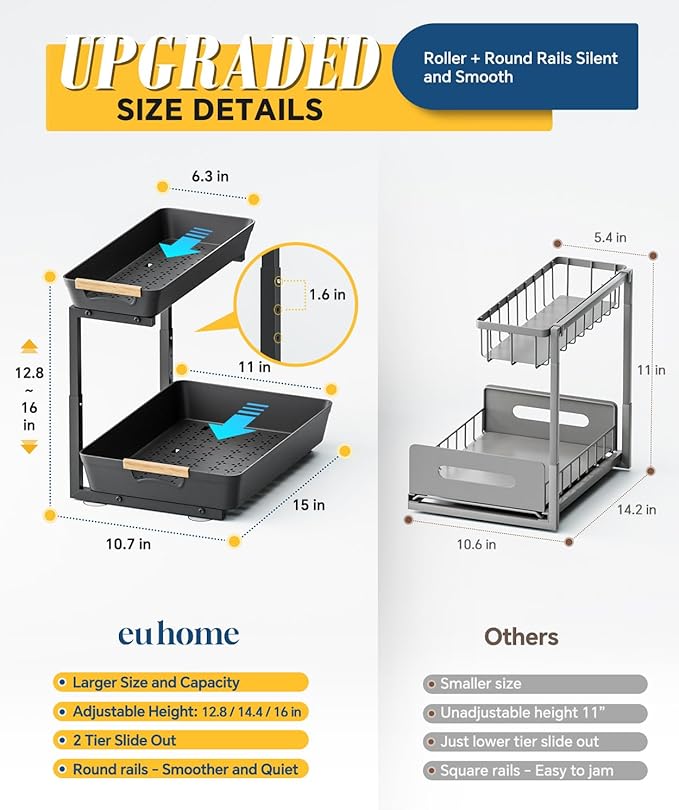 Under Sink Organizer, 2 Tier Adjustable Height Under Sink Organizers and Storage, L-Shaped Slide Out Pull Out Cabinet Organizers for Bathroom Kitchen Pantry(1 Pack, Black)