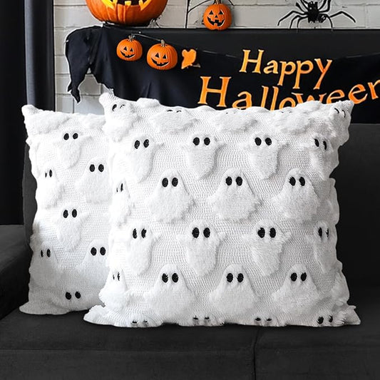 4TH Emotion Halloween Ghost Decorative Pillow Covers 20x20 Set of 2, White Soft Plush Faux Fur Farmhouse Throw Cushion Cases for Fall Autumn Holiday Home Decorations