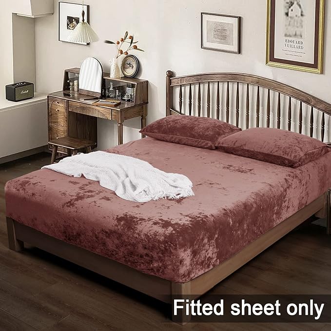 PHF Truly Velvet Fitted Sheet Only Twin Size, Luxury Super Soft Cozy Fuzzy Fleece Bottom Sheet, Deep Pocket Up to 16", Suitable for Fall Winter Spring, No Pillowcases, Rust Red/Burgundy
