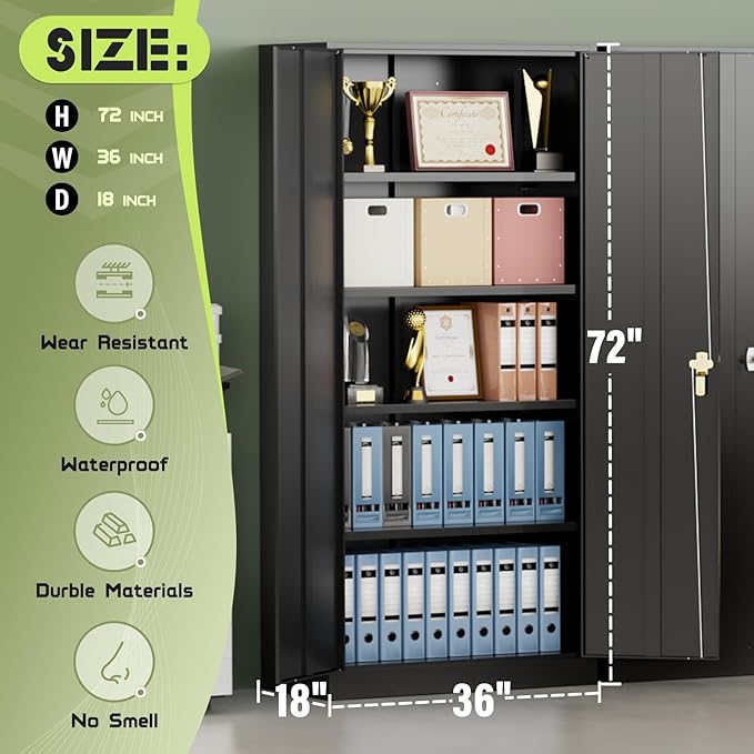 SUNCROWN 72" Metal Storage Cabinet - Heavy-Duty Metal Garage Cabinet with 4 Adjustable Shelves & 2 Doors for Tools, Office, Home, Workshop,Black