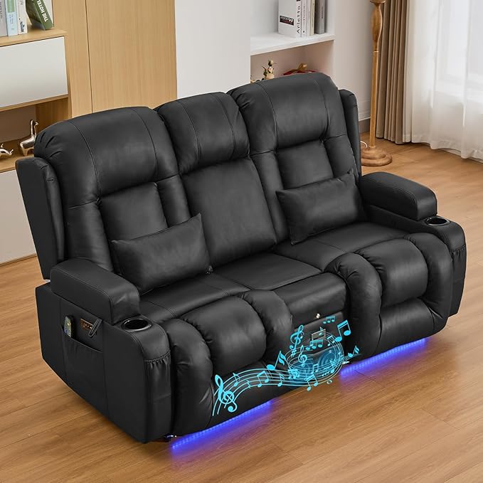 IPKIG 67" Power Reclining Loveseat Sofa, Electric Home Theater Seating with Console/4 Colors Ambient Lighting/Bluetooth Speakers/USB Ports/Built-in Outlets (Black, Loveseat Recliner)