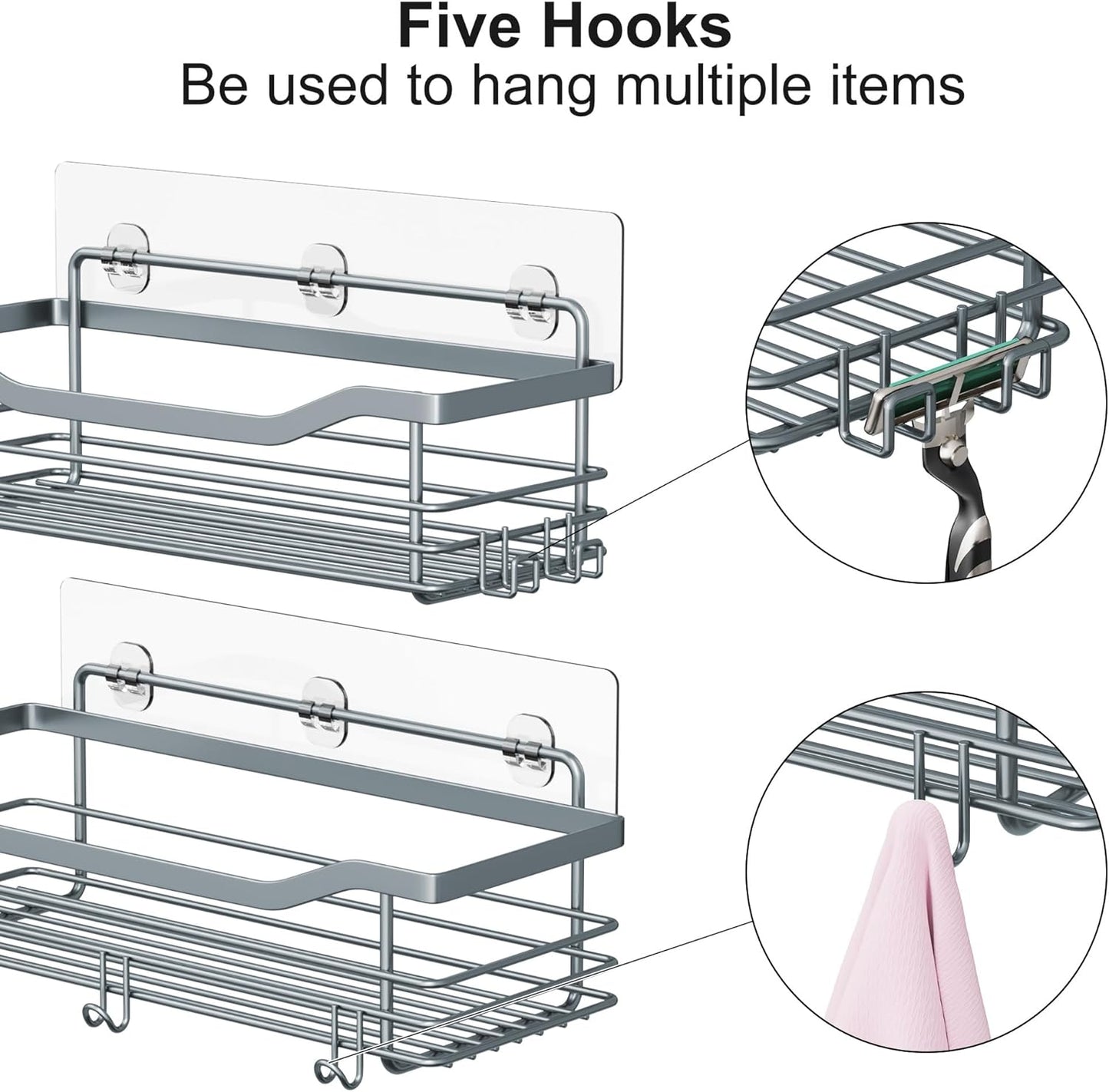 Orimade Shower Caddy Basket Shelf Storage Rack, No Drilling Wall Mounted Adhesive Rust Proof Stainless Steel Shower Organizer with 5 Hooks for Bathroom, Light Blue Grey 2 Pack