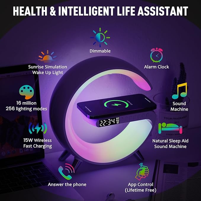 5-in-1 Smart Bedside Lamp with Bluetooth Speaker & APP Control, Wireless Charging Station, Sunrise Alarm Clock, RGB Mood Light, Ideal Gifts for Home, Office, Christmas (Black)