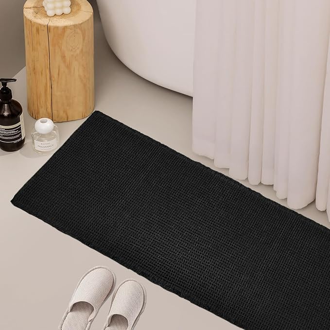 ZALL Waffle Bath Mat Black Super Absorbent Non Slip Bathroom Rug,Rhombus Geometric 24X72inch,Machine Washable Ultra Soft Floor Mats