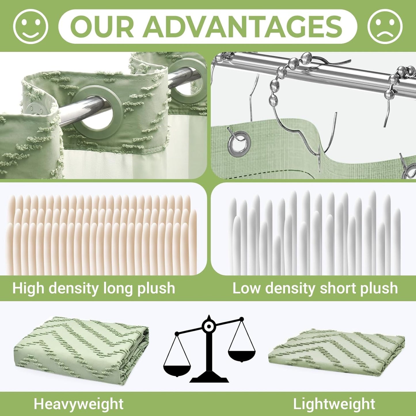 No Hook Shower Curtain with Snap in Liner, Tufted Chevron Striped Shower Curtain Set for Bathroom, Boho Waterproof and Washable Shower Curtains,71Wx77H, Sage Green