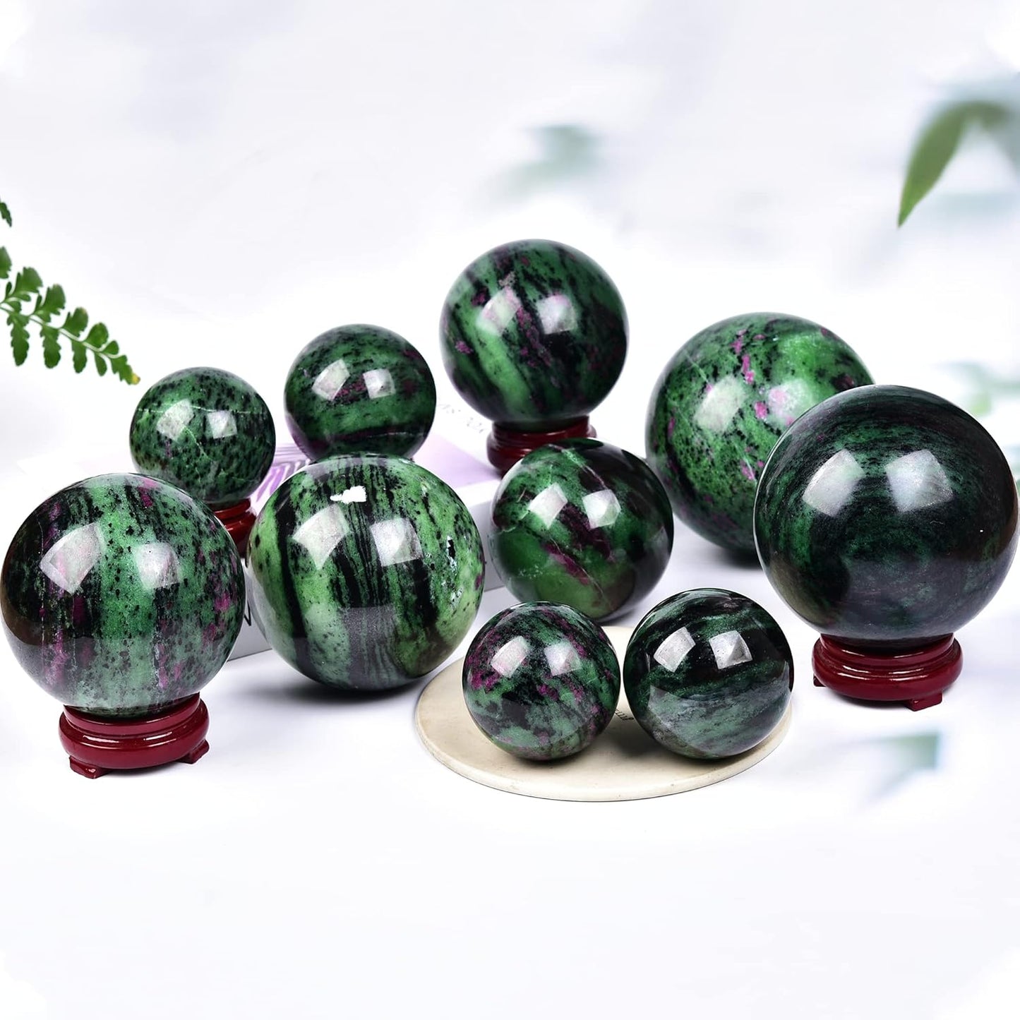 JIC Gem Large Gemstone Sphere Ball Ruby Zoisite Healing Crystal Ball Red&Green Crystal Sphere with Wood Stand Crystal Decorative Ball Home Decoration (90-100mm)