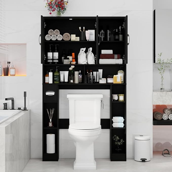 Over The Toilet Storage Cabinet, Farmhouse Toilet Cabinet Rack with 3 Barn Doors, Space Saving Bathroom Organizer with Shelves, Toilet Paper Holder and Towel Rack for Bathroom,Restroom,Pure Black