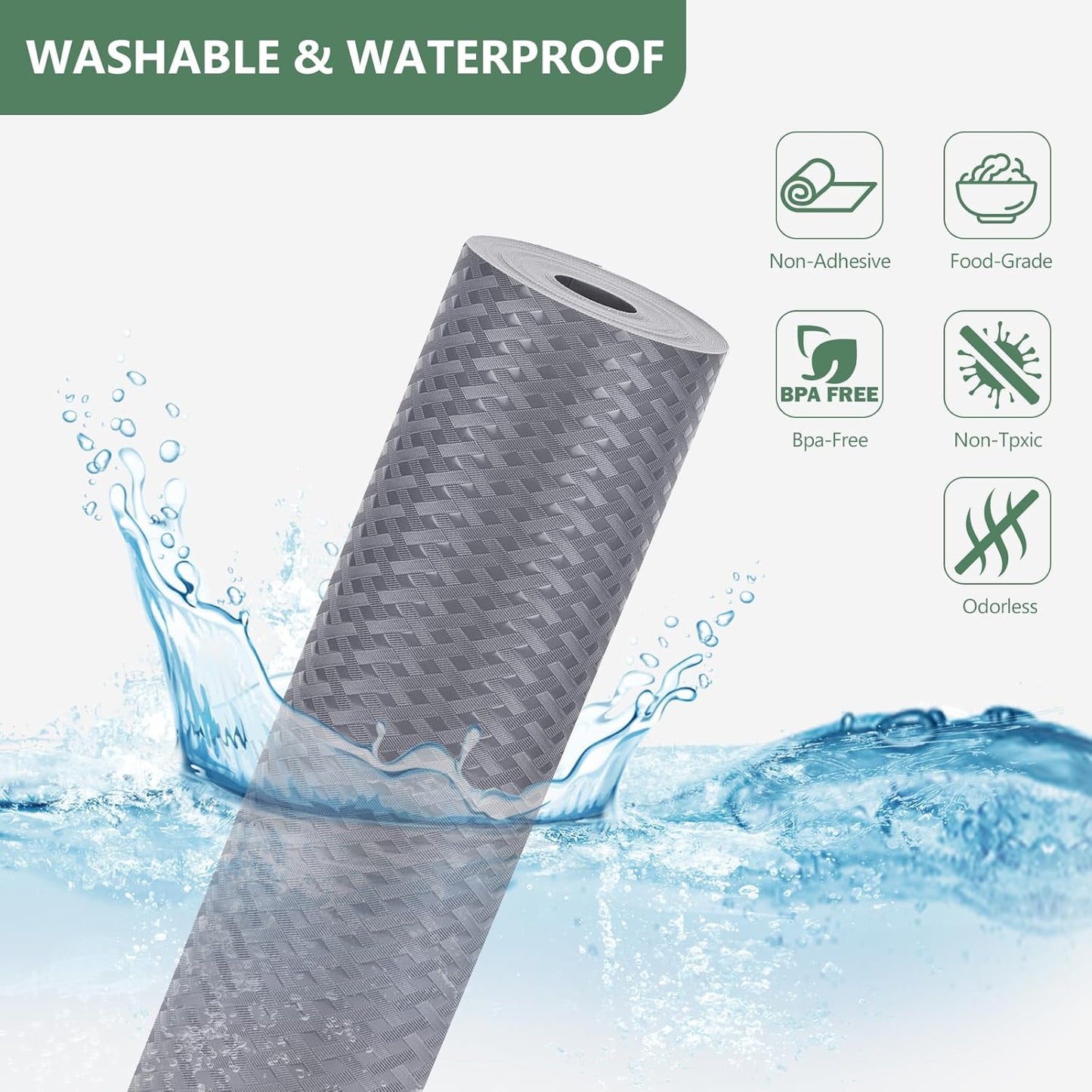 Shelf Liners, Non-Adhesive Drawer Liner, Waterproof & Oil-Proof Kitchen Cabinet Cupboard Liner Plastic EVA Material BPA Free Fridge Liner Mats Paper Protector for Shelves (Grey/16in x 240in)