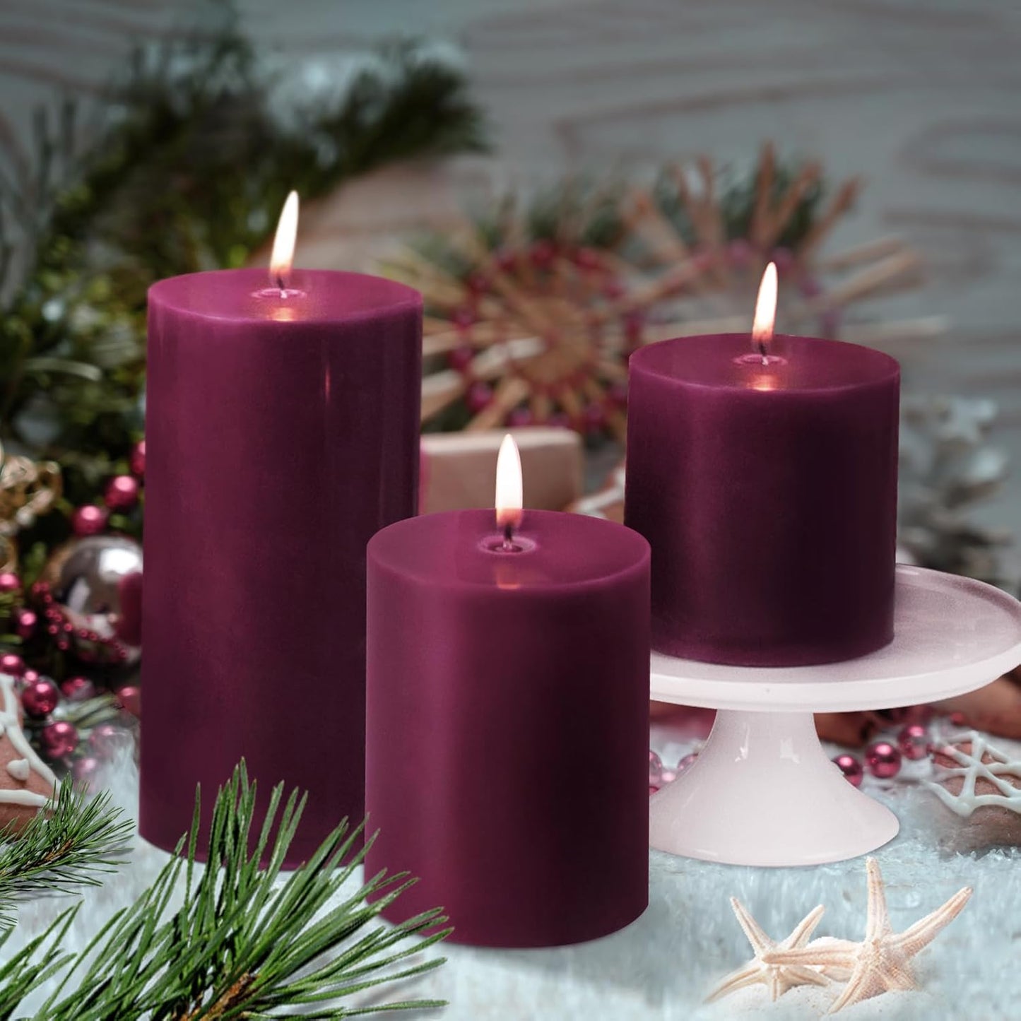 KONNI Purple Pillar Candles Set of 3, 3"x 6" Unscented Pillar Candles Bulk, 56 Hours Long Burning Candles, Smokeless&Dripless Large Round Candle for Wedding, Home Decoration, Parties, Spas, Dinner