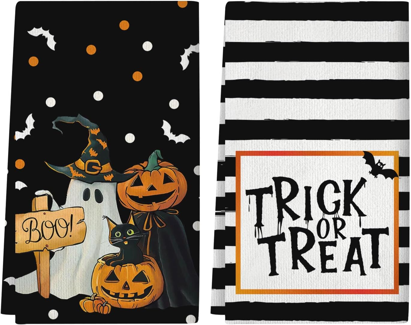 Ghost Pumpkins Cat Boo Halloween Kitchen Towels, Trick OR Treat Dish Towels, Holiday Home Indoor Bathroom Party Seasonal Decorations Hand Towels Set of 2, 18x26 Inch