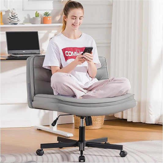 COMHOMA Cross Legged Office Chair with Wheels Armless Office Desk Chair, Modern Vanity Computer Task Chairs for Home Bedroom, Comfortable Wide Seat for Lower Back Pain Relief, PU Leahter, Gray