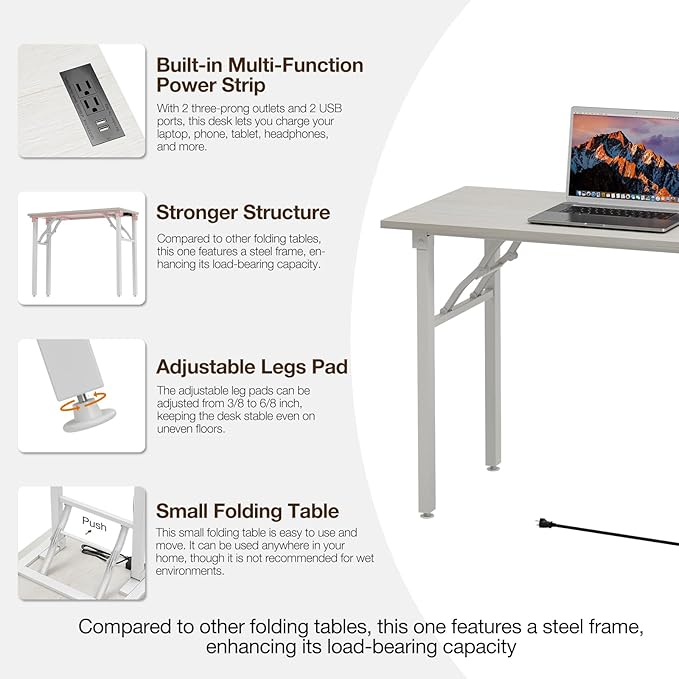 TEMI Small Computer Desk Folding Table - No Assembly, Compact 43.3" Foldable Desk with Power Outlets & USB Charging Port, Portable Small Office Desk, Ideal Mini Study Table for Narrow Spaces,White Ash