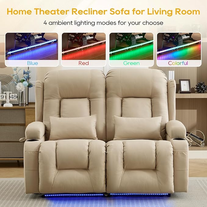 IPKIG 54" Power Reclining Loveseat Sofa, Electric Home Theater Seating with 4 Colors Ambient Lighting/USB Ports/Cup Holders for Living Room, Bedroom, Home, Rvs (Beige, 2 Seater)