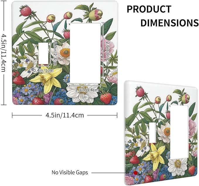Spring Watercolor Flower Plant Strawberry Peony Floral Outlet Covers 1 Toggle 1 Rocker Combination Electrical Switch Plates Light Switch Cover Plate Decorative Wall Plate for Bedroom living Room Decor
