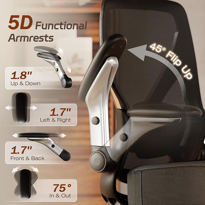 GABRYLLY Ergonomic Office Chair, Big and Tall Computer Desk Chair - 5D Folding Arms, 135° Tilt, Large & Thick Foam Seat, Adjustable Lumbar Support, 3D Functional Headrest, Heavy Duty Home Mesh Chair