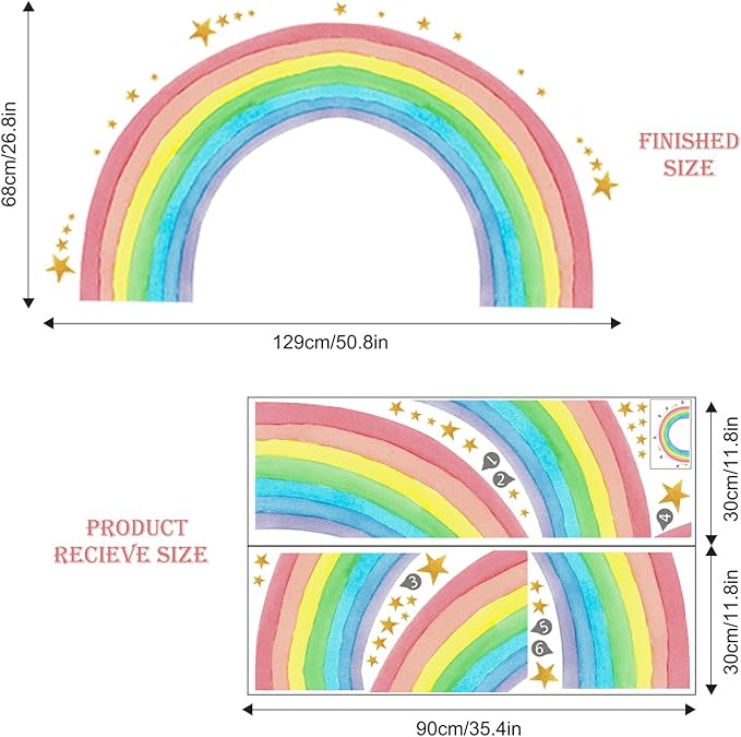 Supzone Large Rainbow Wall Decals Water Color Rainbow Stars Wall Decal DIY Vinyl Mural Art for Girls Baby Nursery Bedroom Playroom Home Decoration