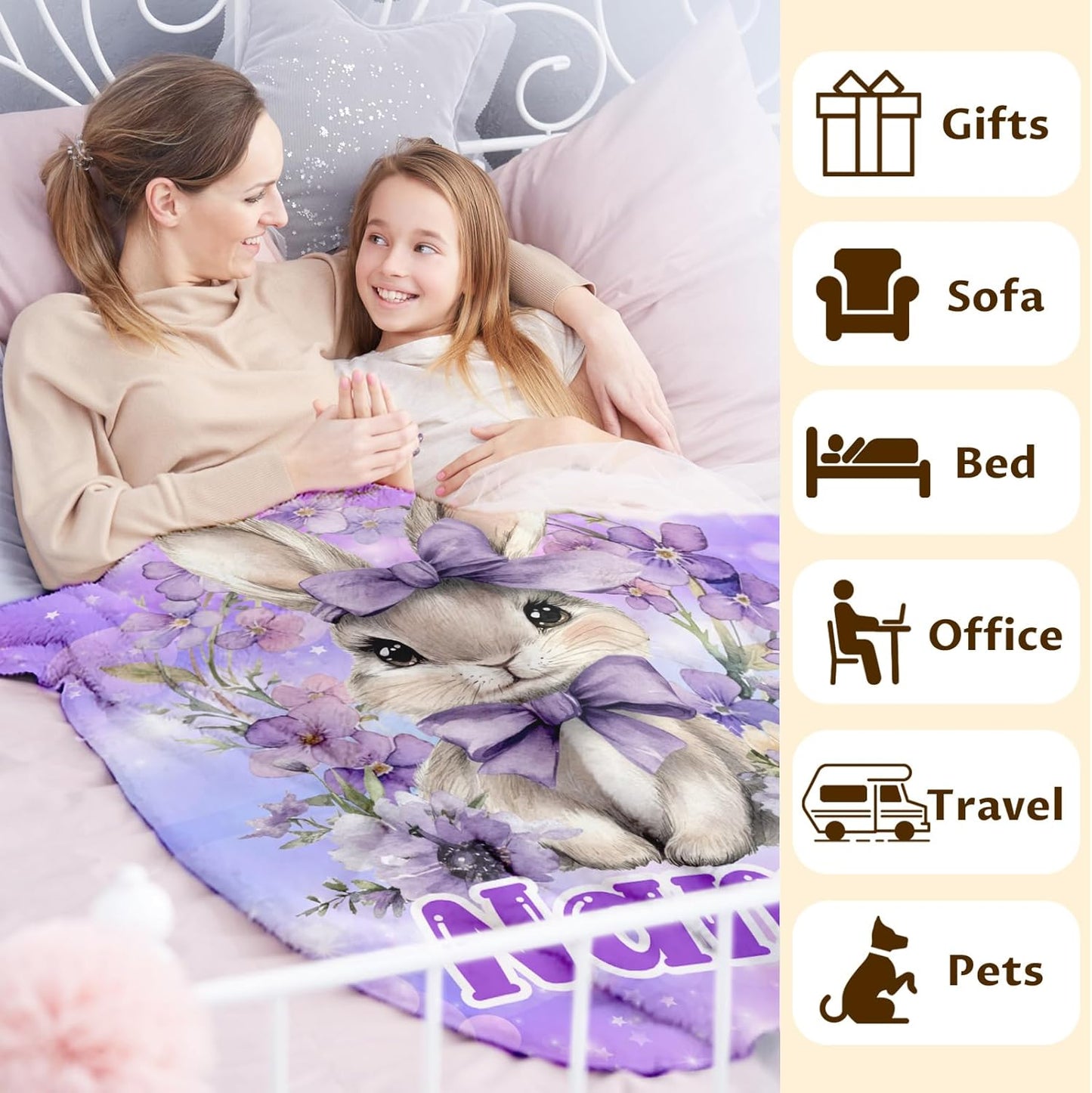 Kids Blanket for Girls Women Custom Bunny Blanket Gift for Birthday, Cozy Warm Rabbit Flannel Throw for Bed Sofa Room