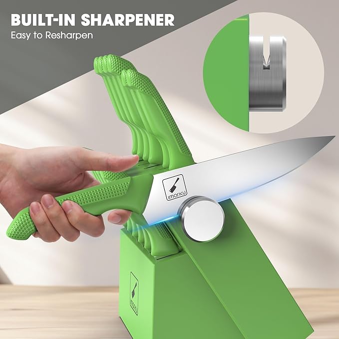 imarku Knife Set with Block, Sharp Knife Set with Built-in Sharpener, Japanese Stainless Steel Kitchen Knife Set with Non-Slip Ergonomic Handle, Dishwasher Safe, Best Holiday Gifts, 14 PCS, Teal Green