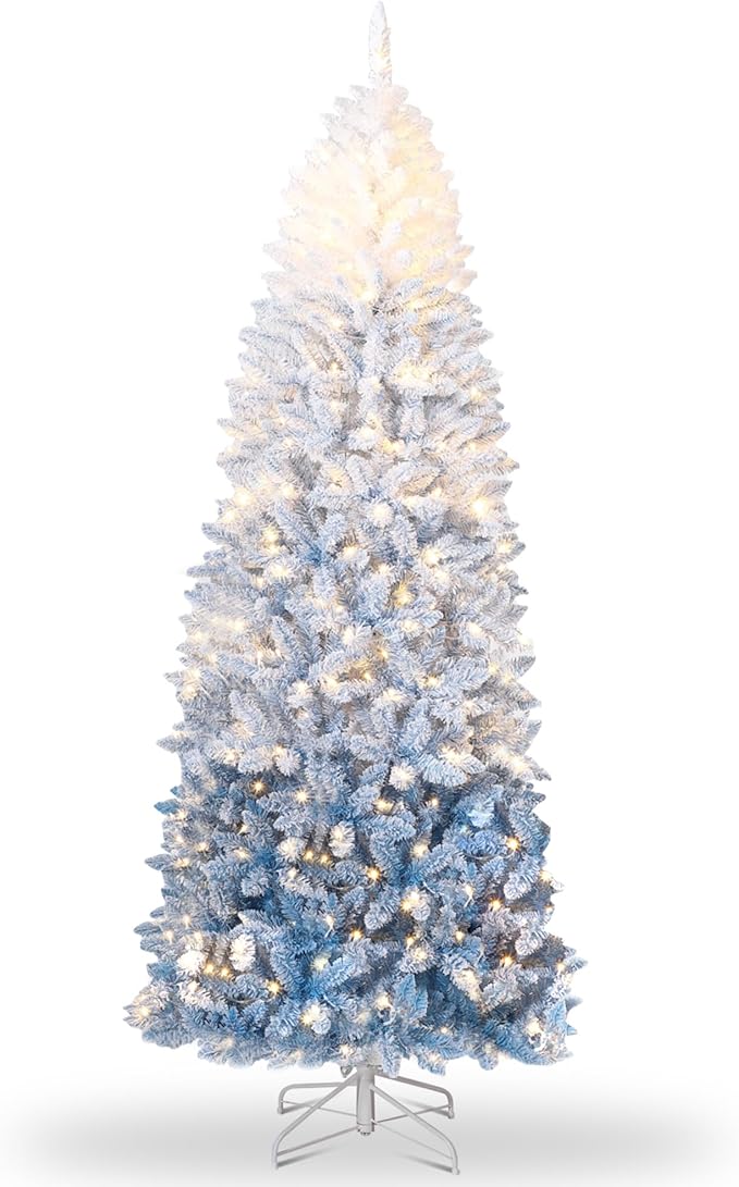 GarveeHome 6ft Snow Flocked Pencil Christmas Tree, Slim Artificial Christmas Tree with Sturdy Metal Stand, Skinny Xmas Tree Holiday Decoration for Home, Office, Blue Gradient