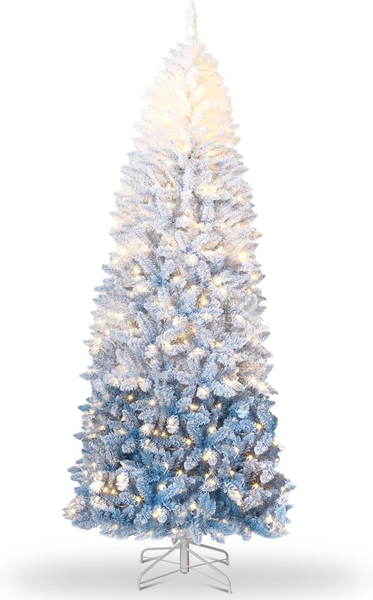 GarveeHome 6ft Snow Flocked Pencil Christmas Tree, Slim Artificial Christmas Tree with Sturdy Metal Stand, Skinny Xmas Tree Holiday Decoration for Home, Office, Blue Gradient