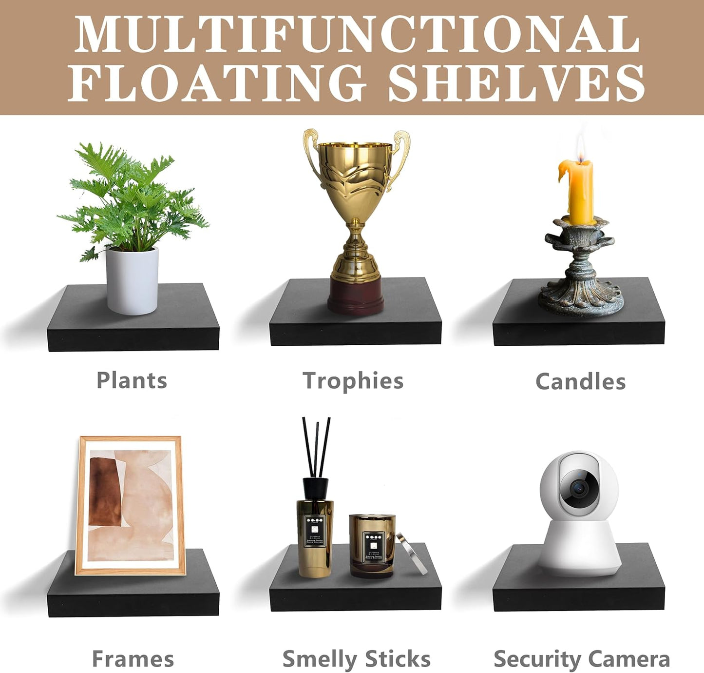 Sorbus Square Floating Shelf for Wall - 3 Small Shelves with Invisible Mounting Brackets for Living Room Decor, Bedroom, Bathroom Decor, Home & Kitchen - 9" Black Wall Shelf to Display Photos Trophies