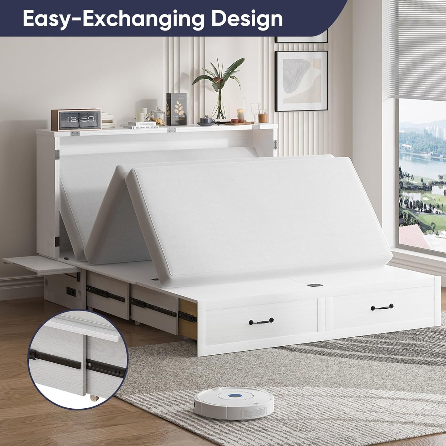 ijuicy Cube Murphy Bed Queen, Murphy Chest Cabinet Bed with 3 Level Foldable Memory Foam Mattress & 2 Large Drawers & Charging Station for Guests Room/Bedroom(White)