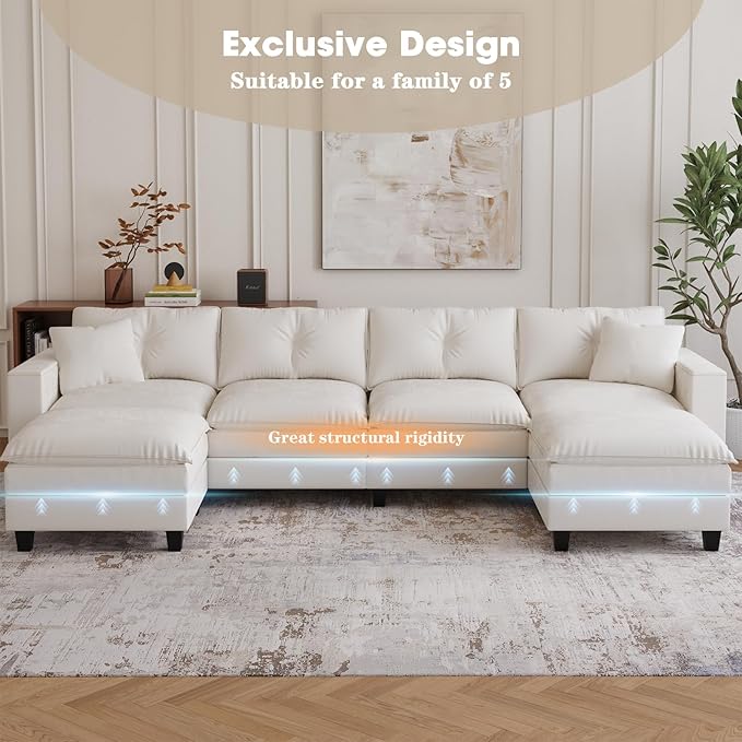 137",U Shaped Couch,Modern Modular Sectional Sofa, 4-Seater Comfy Cloud Couch with Two Movable Ottoman & Throw Pillows for Living Room, Bedroom and Apartment, Beige