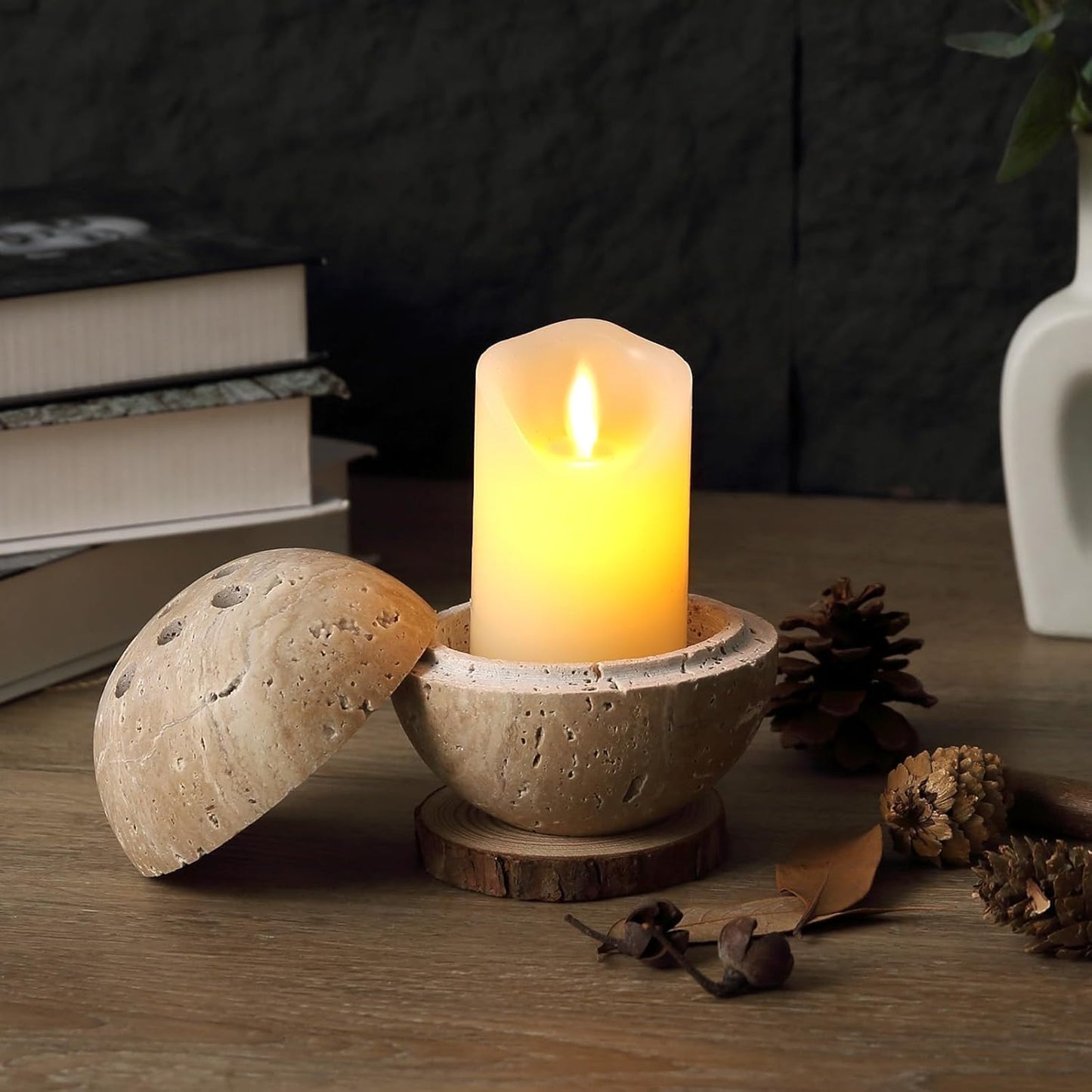 Koville Natural Travertine Stone Incense Burner, Incense Holder for Cone/Balsam Fir/Palo Santo/Sage, Handmade Sphere Incense Burner for Meditation Yoga SPA Relaxation, Home Decor,Beige Travertine