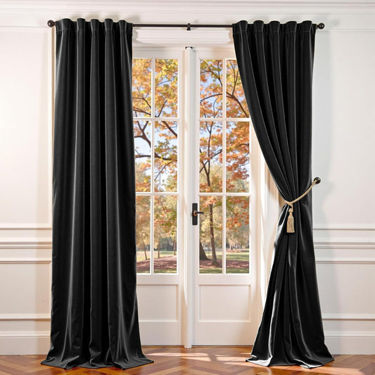 Lazzzy Velvet Curtains Black Thermal Insulated Curtains Drapes for Bedroom Living Room Blackout Window Treatments Rod Pocket 120 Inch Length 2 Panels Halloween Decorations, W42 x L120