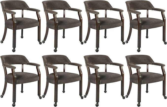 MODERION Dinning Chairs with Wheels and Arms Set of 8, Solid Wood Office Desk Chairs with Frosted Velvet Upholstered, Classic Swivel Accent Chairs, 31.5" H Boss Caption's Chair, Taupe XXY-HT22-WG