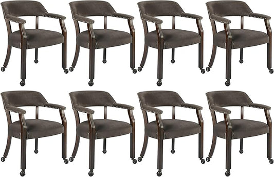 MODERION Dinning Chairs with Wheels and Arms Set of 8, Solid Wood Office Desk Chairs with Frosted Velvet Upholstered, Classic Swivel Accent Chairs, 31.5" H Boss Caption's Chair, Taupe XXY-HT22-WG